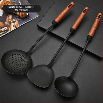 Vas wok spatula és lyukas kanál hosszú fa nyéllel – főzőeszközök készlet