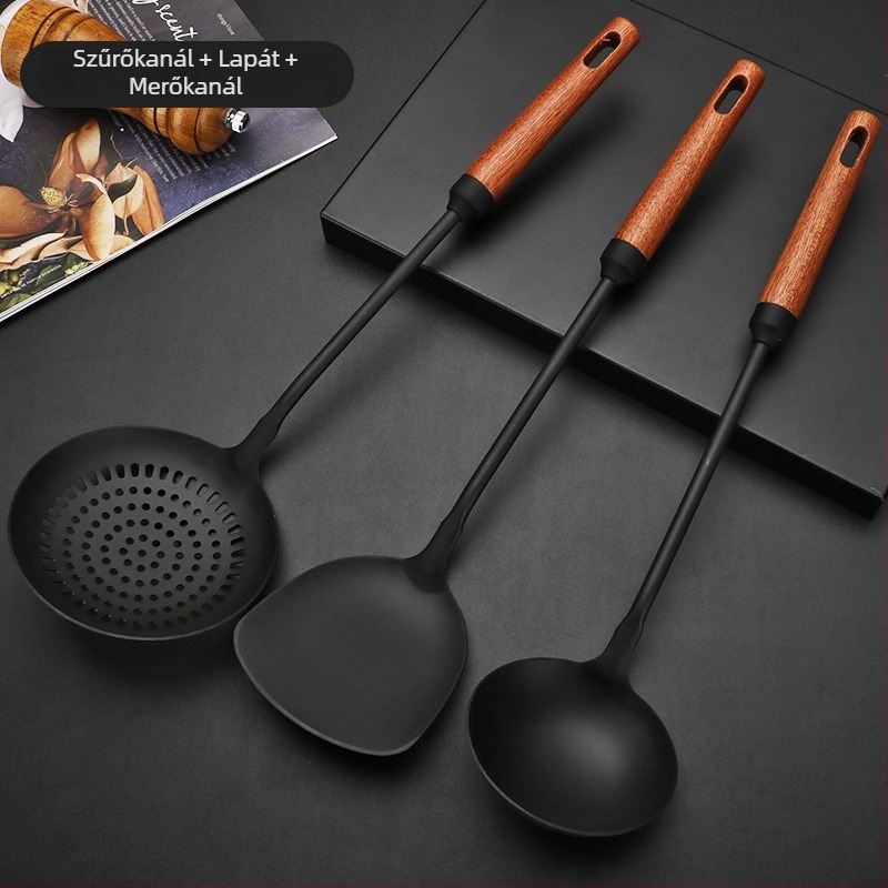 Vas wok spatula és lyukas kanál hosszú fa nyéllel – főzőeszközök készlet