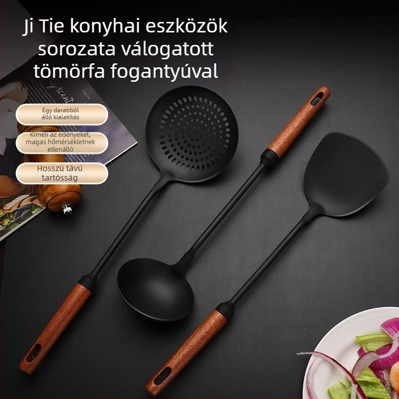 Vas wok spatula és lyukas kanál hosszú fa nyéllel – főzőeszközök készlet