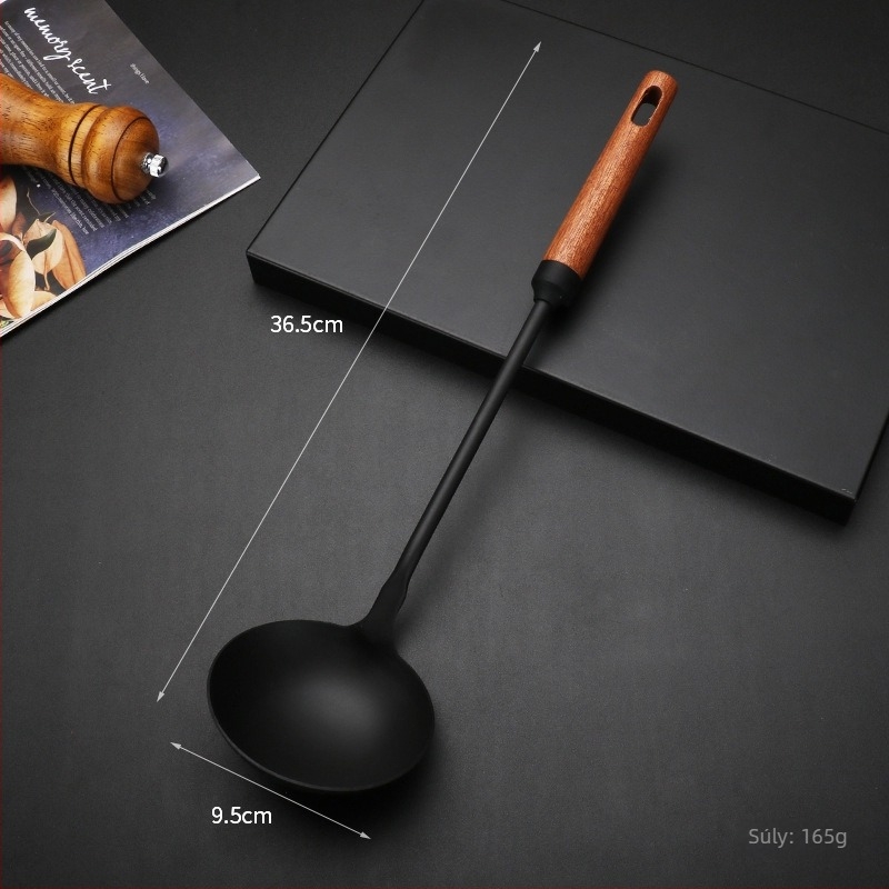 Vas wok spatula és lyukas kanál hosszú fa nyéllel – főzőeszközök készlet