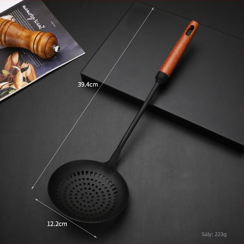 Vas wok spatula és lyukas kanál hosszú fa nyéllel – főzőeszközök készlet