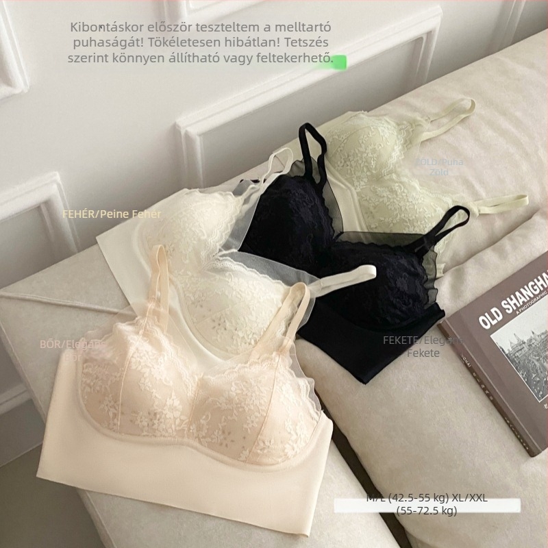 Varrás nélküli vékony bralette, gyönyörű hátsó résszel, francia gyöngyházhatású csipke szegéllyel, lélegző, merevítő nélküli