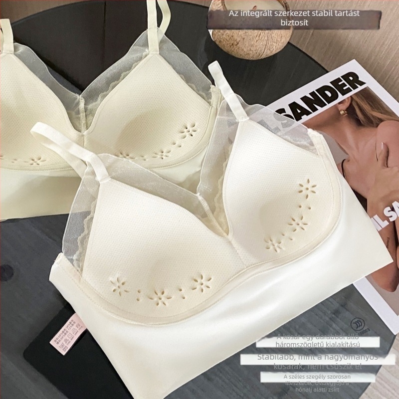Varrás nélküli vékony bralette, gyönyörű hátsó résszel, francia gyöngyházhatású csipke szegéllyel, lélegző, merevítő nélküli
