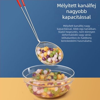 Rozsdamentes acél gyöngyszűrőkanál piros nyelekkel, mély hálószűrő forró pothoz és bubble tea-hez