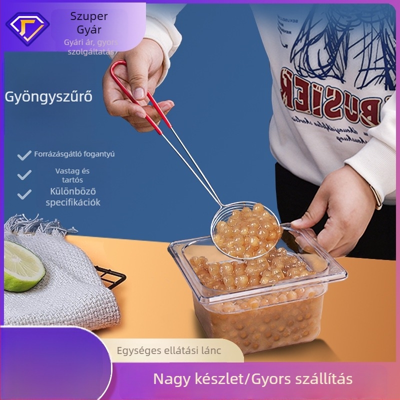 Rozsdamentes acél gyöngyszűrőkanál piros nyelekkel, mély hálószűrő forró pothoz és bubble tea-hez