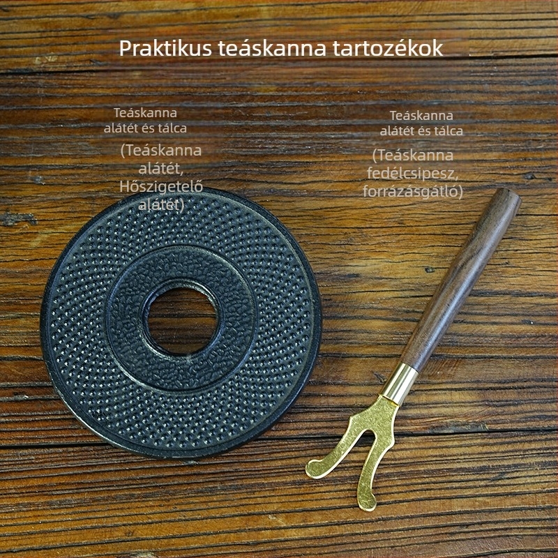 Öntöttvas teáskanna tartó hőszigetelő párnával — alap teáskannákhoz és teáscsészékhez, teaceremónia kiegészítő
