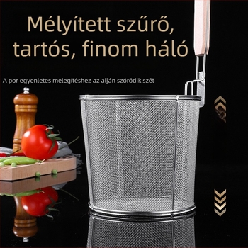Rozsdamentes acélból készült konyhai szűrő, fa nyéllel, függeszthető, tészta és zöldségek számára, nagy hálós szita