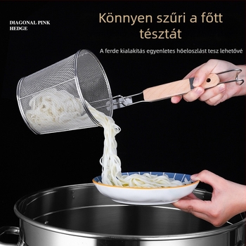 Rozsdamentes acélból készült konyhai szűrő, fa nyéllel, függeszthető, tészta és zöldségek számára, nagy hálós szita