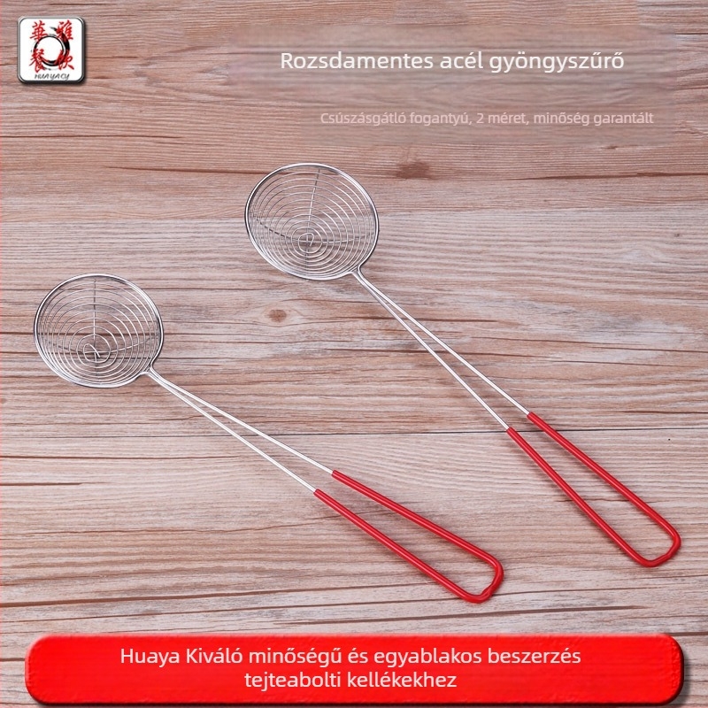 Gyöngyház mintázatú szűrő vörös fogantyúval, rozsdamentes acélból, mély, kis merítő forró fazékhoz, konyhai és tej-tea boltokhoz