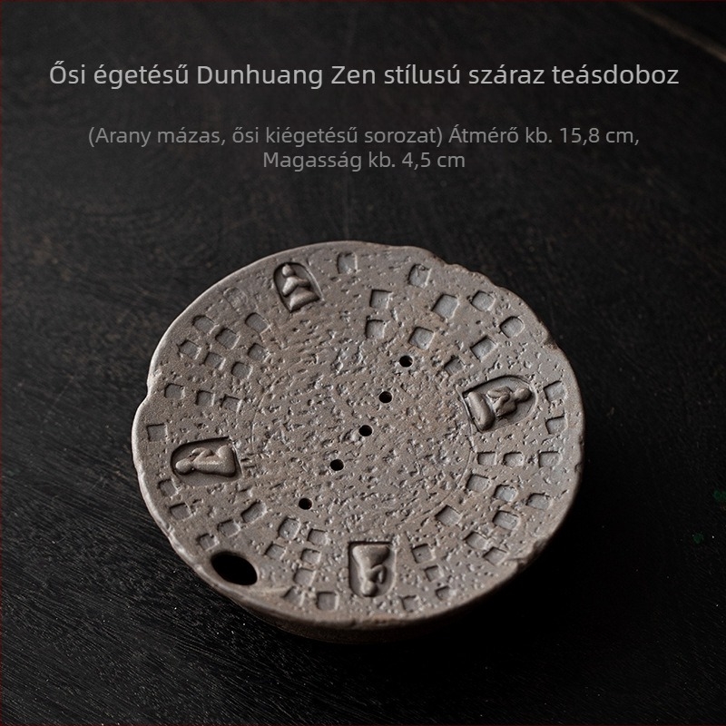 Kerek kerámia teás készlet tartó és tálca Dunhuang Zen stílusban, víztározóval és drenázs funkcióval