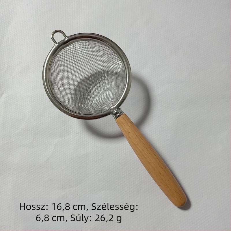 Rozsdamentes acél hálószűrő fa hatású nyéllel, konyhai liszt szita, szűrő gyümölcsléhez és szójatejhez