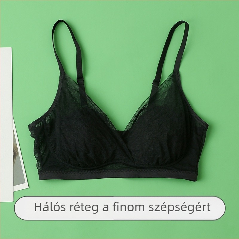 100% Mulberry selyem, drót nélküli csipkés háromszög kosárú melltartó, V-dekoltázs, vékony fazon nyári fehérnemű