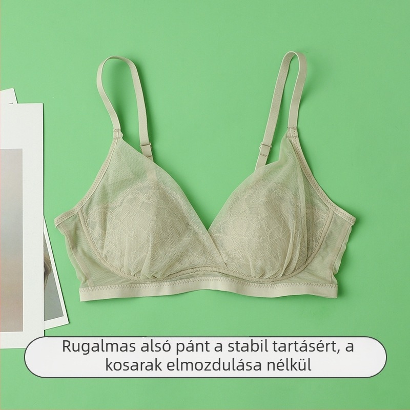 100% Mulberry selyem, drót nélküli csipkés háromszög kosárú melltartó, V-dekoltázs, vékony fazon nyári fehérnemű