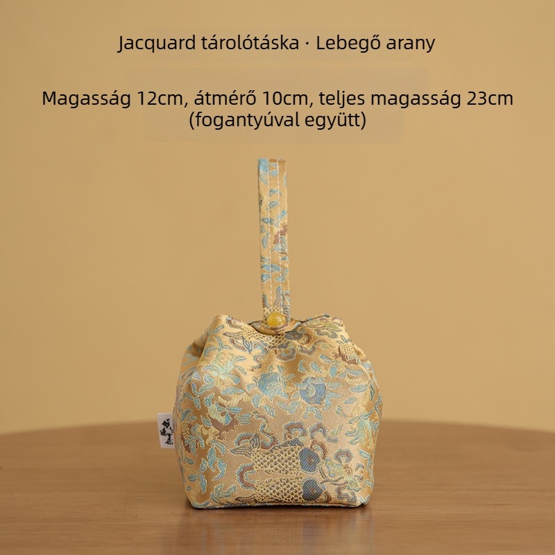 Arany brokát teáskészlet tároló táska, teáskanna és csésze, hordozható textil tok