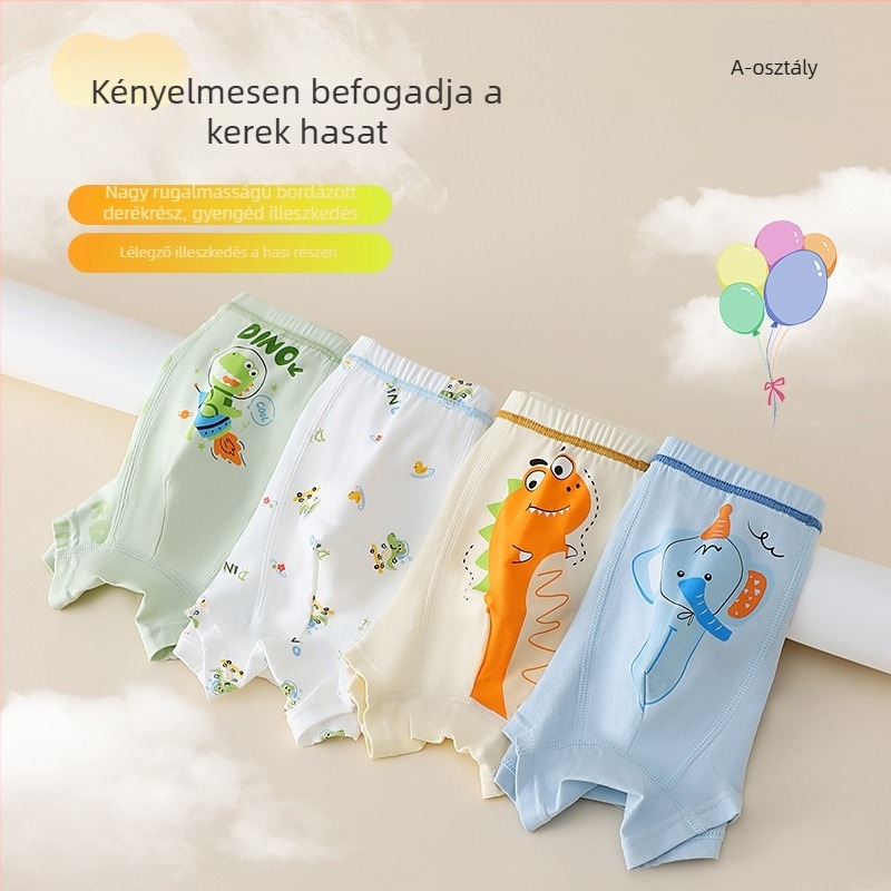 Gyermekek pamut alsónadrág fiúknak karikatúra mintával, antibakteriális boxer rövidnadrág, középméret 3-8 éveseknek.