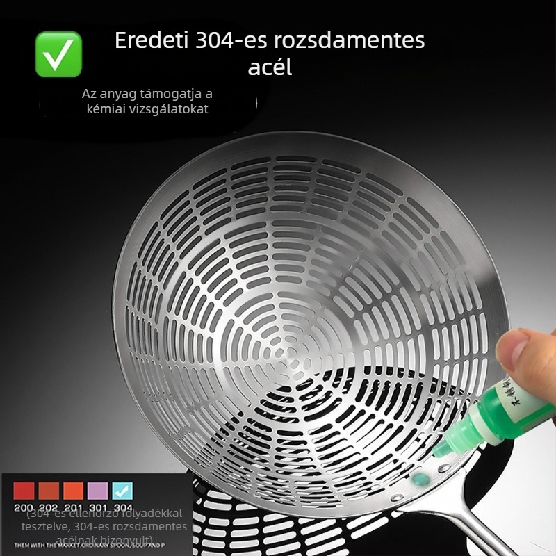 304 rozsdamentes acélból készült nagy méretű élelmiszer-minőségű szűrőkanál hosszú nyelekkel, nokedli és tészta számára