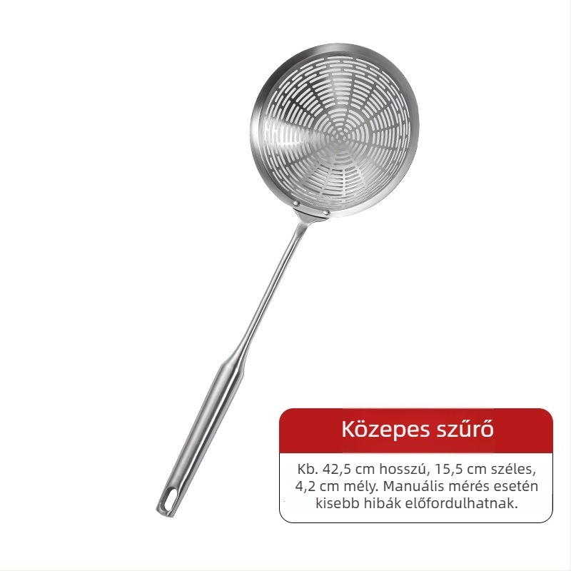 304 rozsdamentes acélból készült nagy méretű élelmiszer-minőségű szűrőkanál hosszú nyelekkel, nokedli és tészta számára