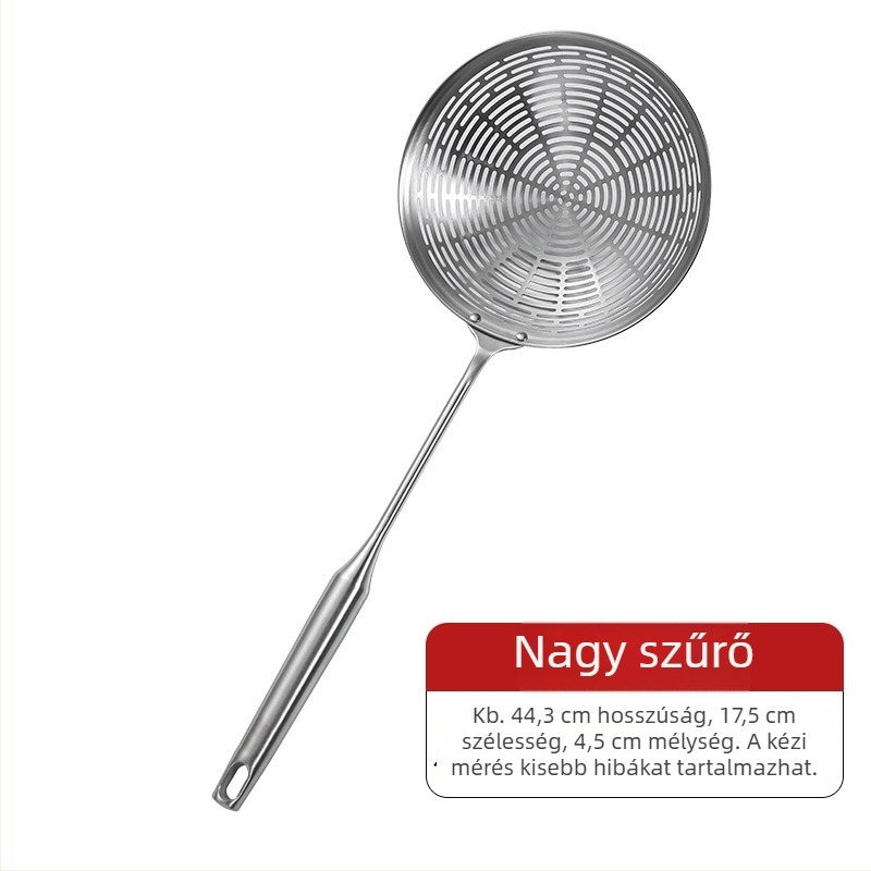 304 rozsdamentes acélból készült nagy méretű élelmiszer-minőségű szűrőkanál hosszú nyelekkel, nokedli és tészta számára
