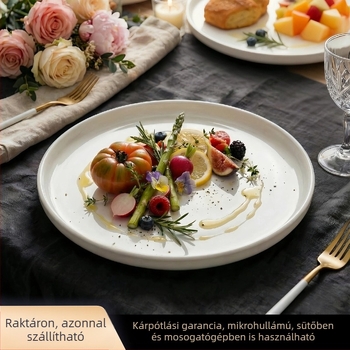 Fehér kerámia nyugati stílusú steakhez, magas hőmérsékletnek ellenálló porcelán, gyümölcs- és desszerttál, kör alakú, alacsony peremmel
