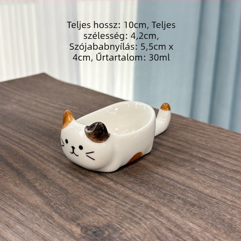 Cuki japán stílusú kerámiamártogatós tál macskával, három virággal, szójaszószhoz és ecethez