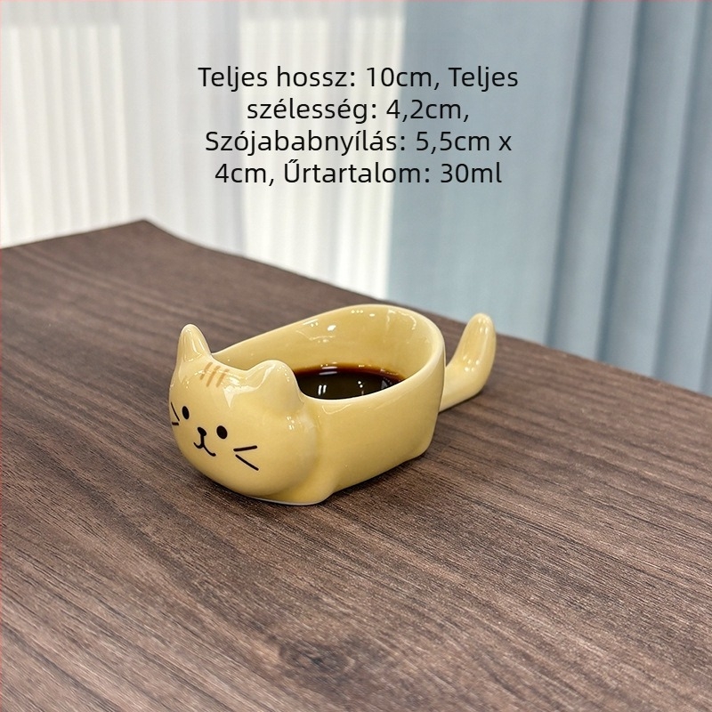 Cuki japán stílusú kerámiamártogatós tál macskával, három virággal, szójaszószhoz és ecethez