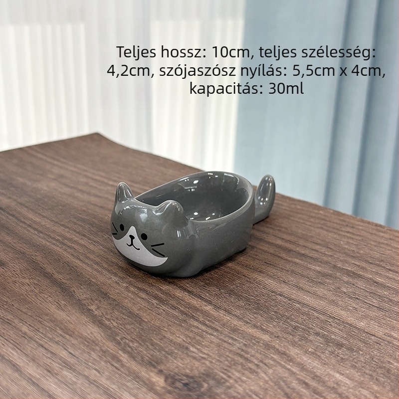 Cuki japán stílusú kerámiamártogatós tál macskával, három virággal, szójaszószhoz és ecethez