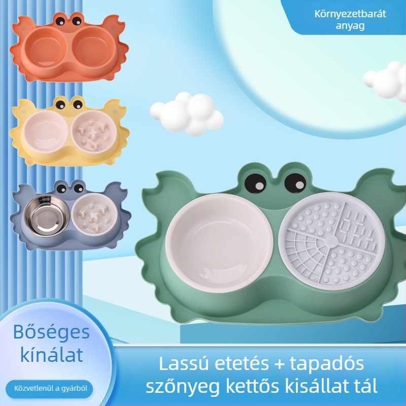 Lassú etetésre tervezett szőnyeg dupla tálakkal, kiömlés elleni, macska és kutya számára, rozsdamentes acél