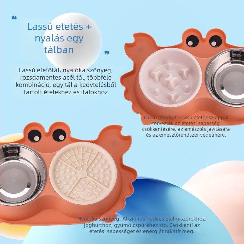 Lassú etetésre tervezett szőnyeg dupla tálakkal, kiömlés elleni, macska és kutya számára, rozsdamentes acél