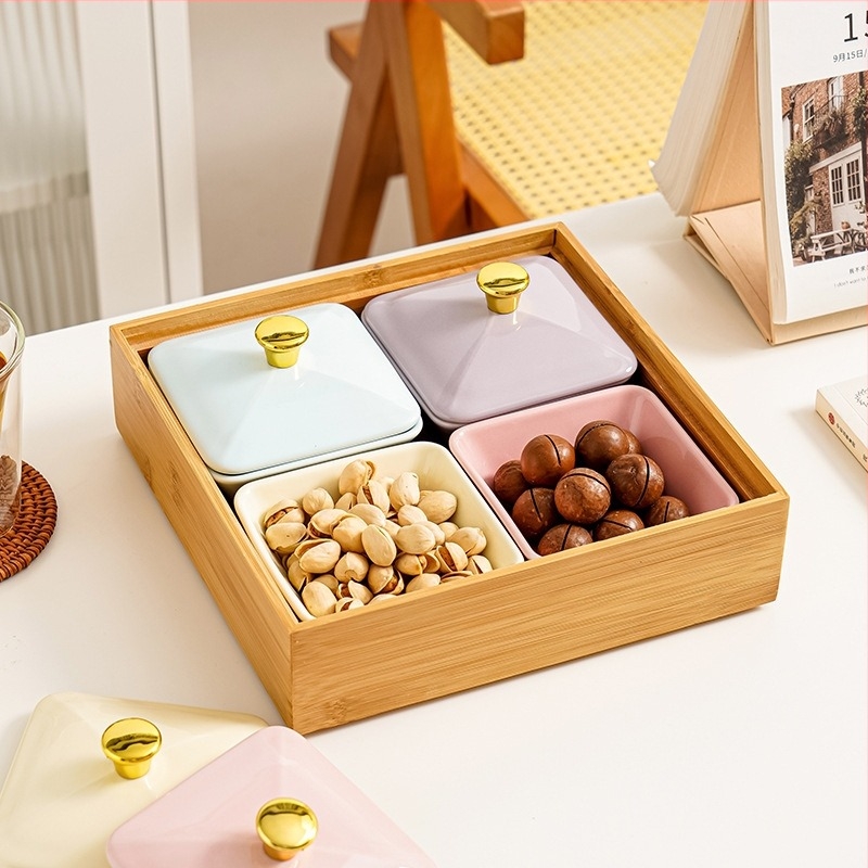 Fedeles négyszögletes porcelán snack tál, macaron színekben, mártások és forró pot ízesítők számára