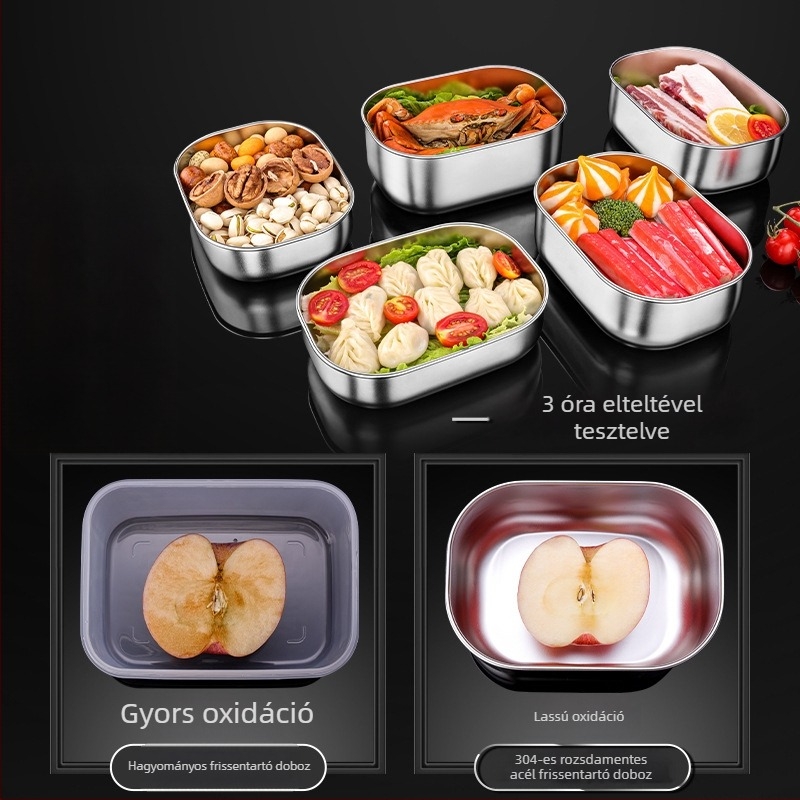 Zárt hőszigetelt ebédes doboz fedéllel, téglalap alakú, 304 rozsdamentes acélból, 800–1000 ml