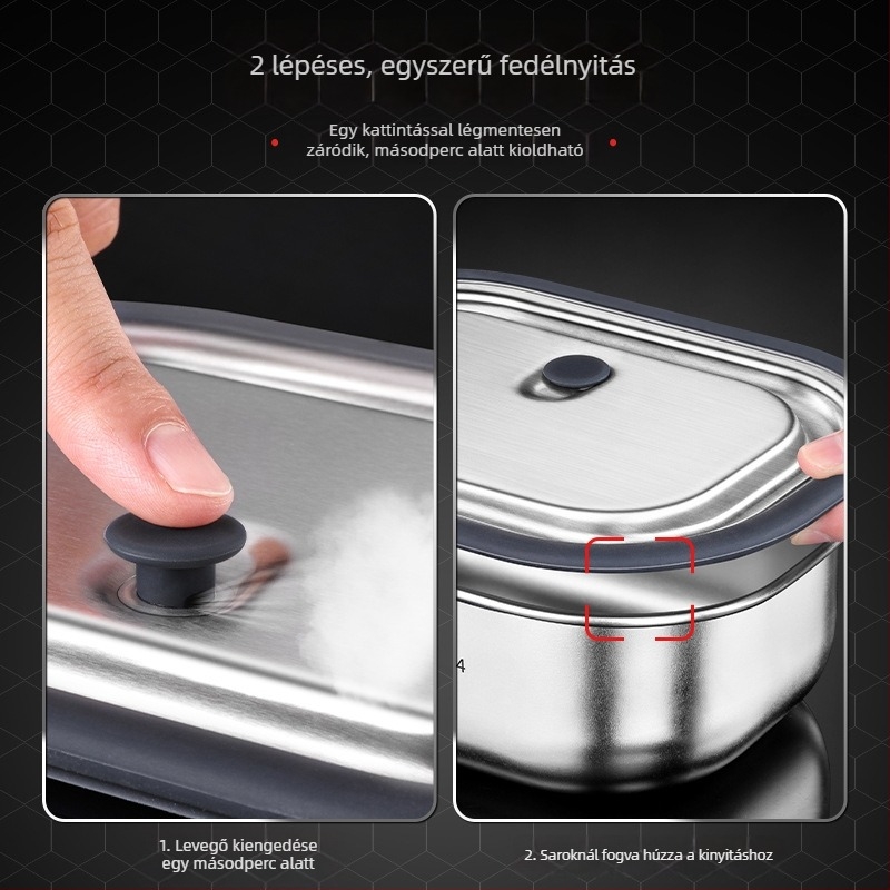 Zárt hőszigetelt ebédes doboz fedéllel, téglalap alakú, 304 rozsdamentes acélból, 800–1000 ml