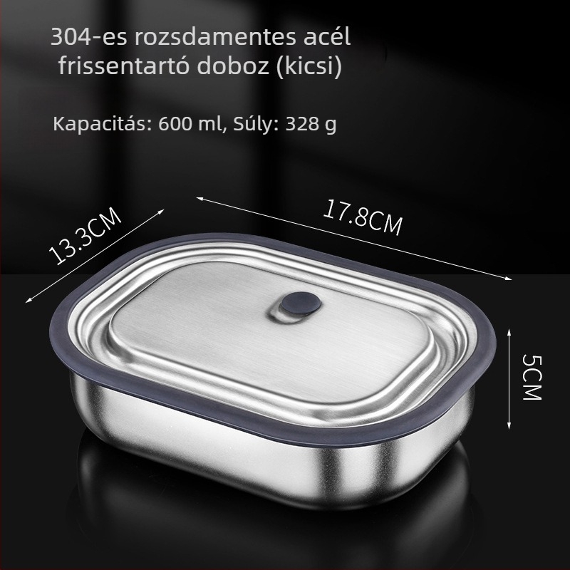 Zárt hőszigetelt ebédes doboz fedéllel, téglalap alakú, 304 rozsdamentes acélból, 800–1000 ml