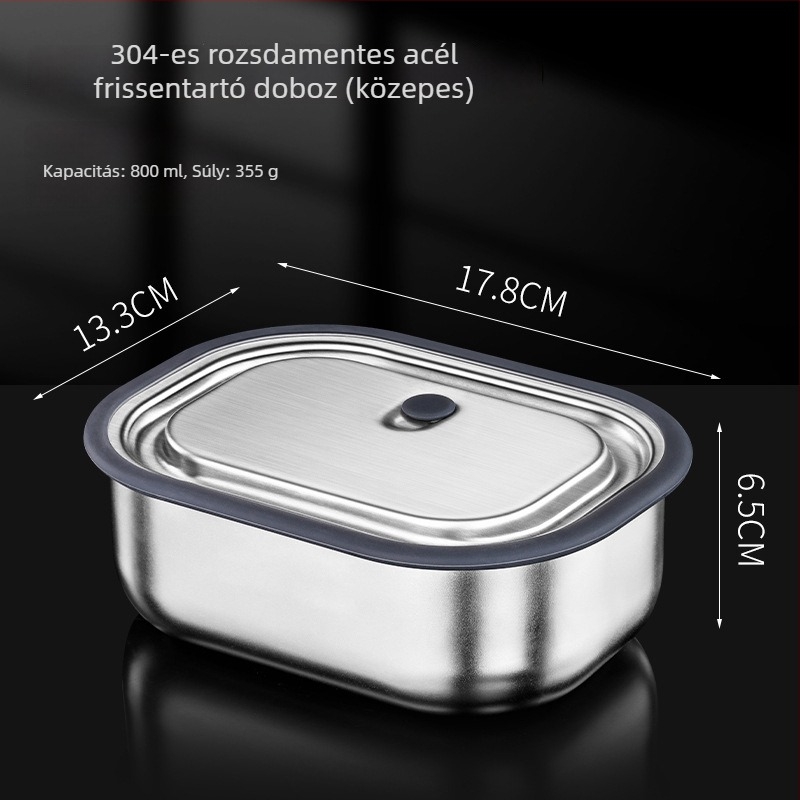 Zárt hőszigetelt ebédes doboz fedéllel, téglalap alakú, 304 rozsdamentes acélból, 800–1000 ml