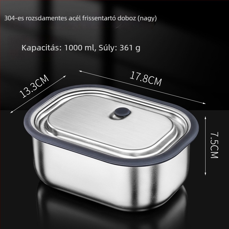 Zárt hőszigetelt ebédes doboz fedéllel, téglalap alakú, 304 rozsdamentes acélból, 800–1000 ml