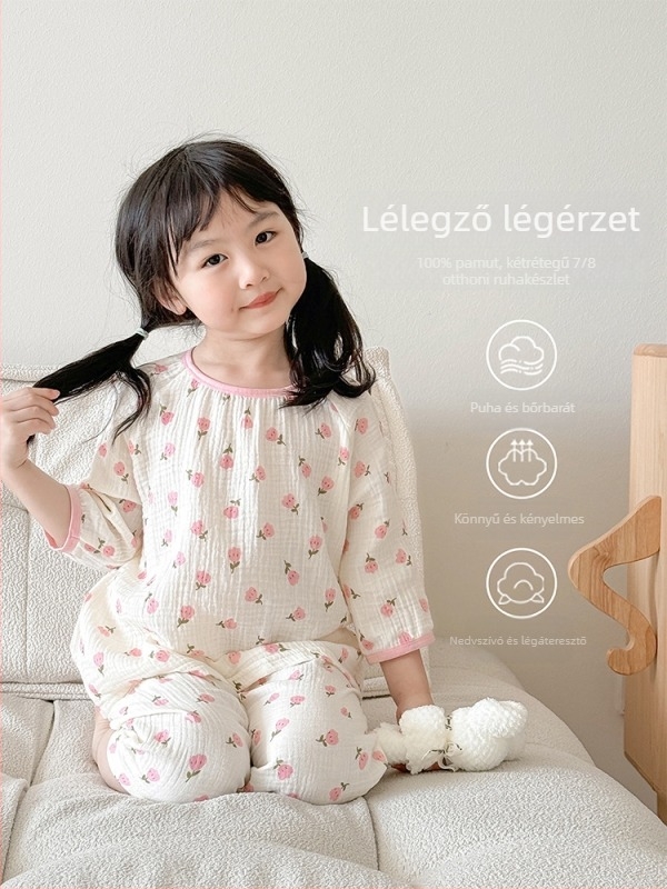 Gyerekeknek készült pamut géz pizsama készlet, karikatúra mintával, uniszex, könnyű nyári viselet, 3/4-es ujjak, 100% pamut
