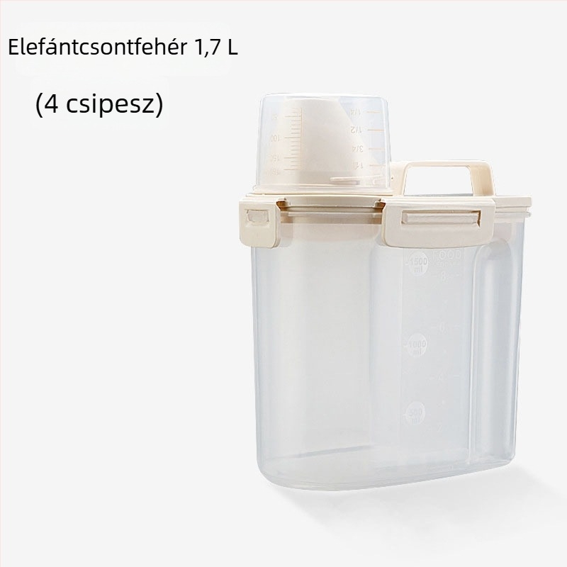 Kisállateledel tároló, hordozható, zárható, nedvességálló tartály mérőpohárral, kutya- és macskatáp számára, kapacitás 1.7L/3L