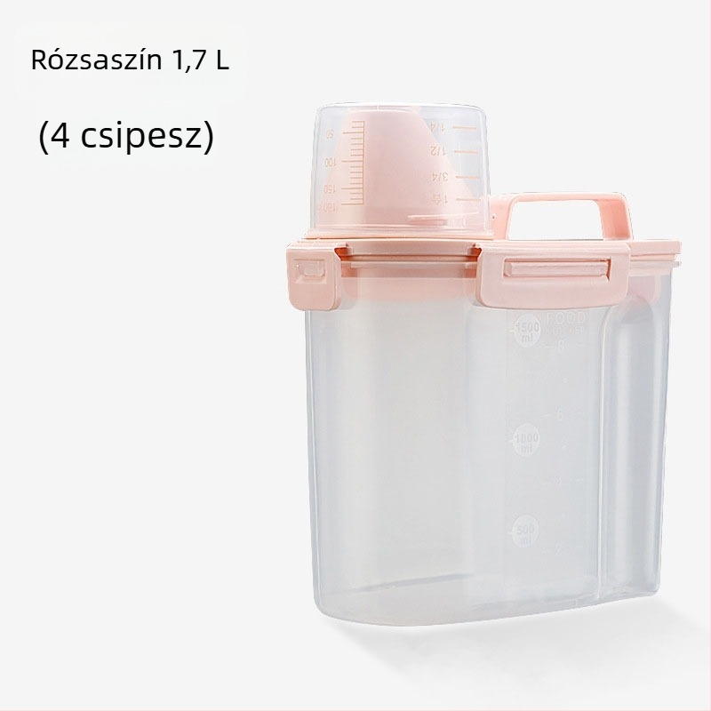 Kisállateledel tároló, hordozható, zárható, nedvességálló tartály mérőpohárral, kutya- és macskatáp számára, kapacitás 1.7L/3L