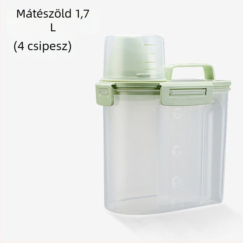 Kisállateledel tároló, hordozható, zárható, nedvességálló tartály mérőpohárral, kutya- és macskatáp számára, kapacitás 1.7L/3L
