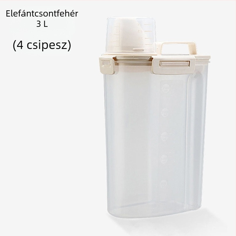 Kisállateledel tároló, hordozható, zárható, nedvességálló tartály mérőpohárral, kutya- és macskatáp számára, kapacitás 1.7L/3L