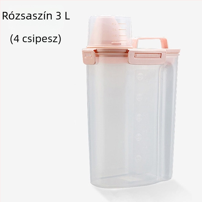 Kisállateledel tároló, hordozható, zárható, nedvességálló tartály mérőpohárral, kutya- és macskatáp számára, kapacitás 1.7L/3L