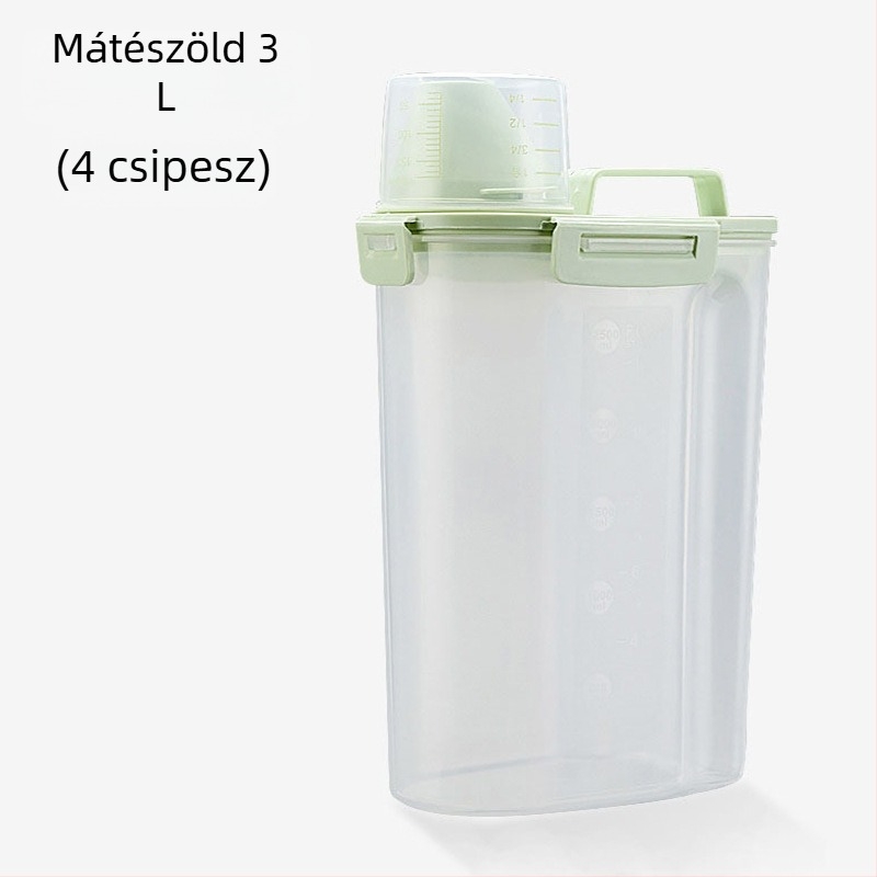 Kisállateledel tároló, hordozható, zárható, nedvességálló tartály mérőpohárral, kutya- és macskatáp számára, kapacitás 1.7L/3L