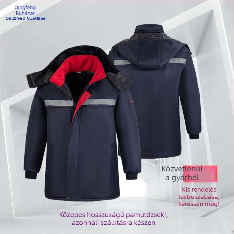 Téli pamutbélelt munkaruha kabát, gyár- és műhely számára, kopásálló, szennyeződésálló, vastagított meleg, fényvisszaverő részletekkel.