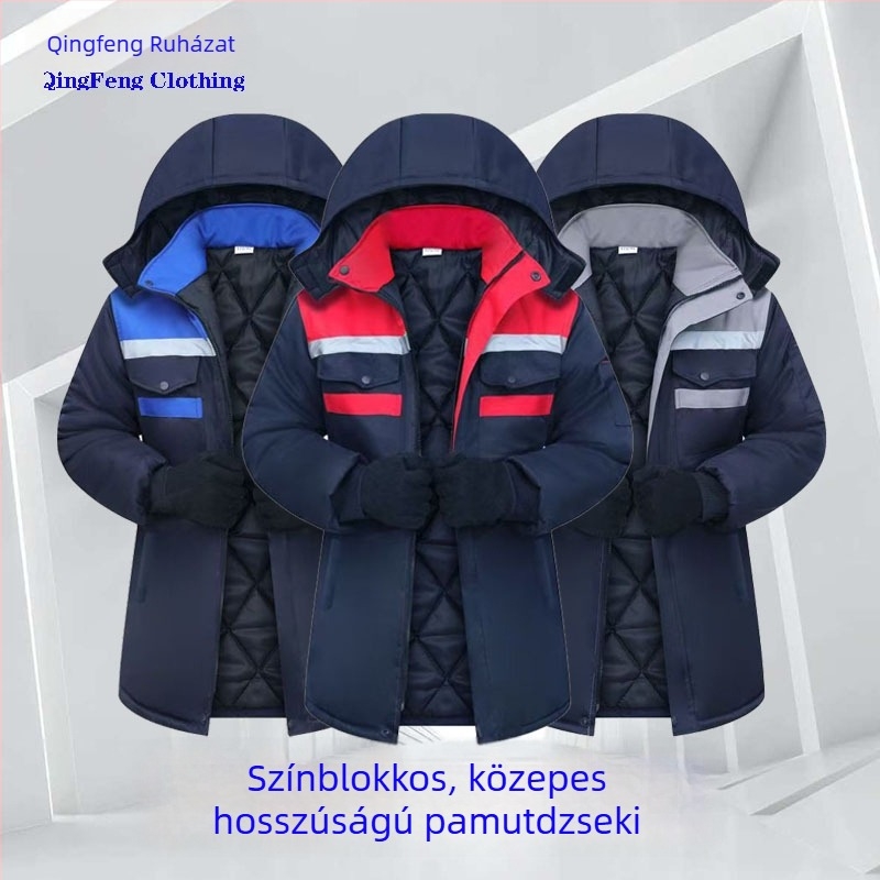 Téli pamutbélelt munkaruha kabát, gyár- és műhely számára, kopásálló, szennyeződésálló, vastagított meleg, fényvisszaverő részletekkel.