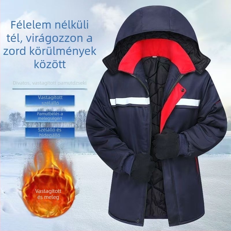 Téli pamutbélelt munkaruha kabát, gyár- és műhely számára, kopásálló, szennyeződésálló, vastagított meleg, fényvisszaverő részletekkel.