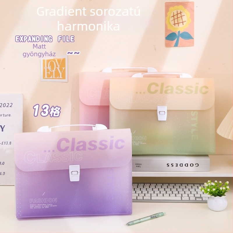 A4-es méretű gradientszínű akordeon tok kézi fogantyúval, 12 rekesz, diákoknak, dokumentum rendező