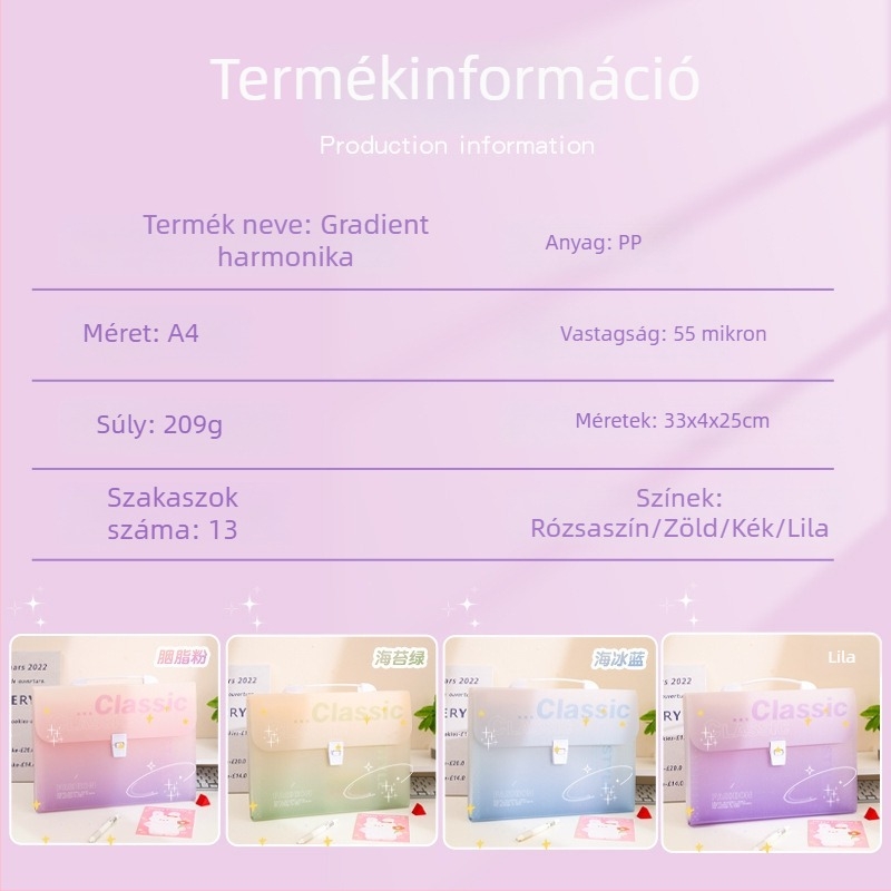 A4-es méretű gradientszínű akordeon tok kézi fogantyúval, 12 rekesz, diákoknak, dokumentum rendező