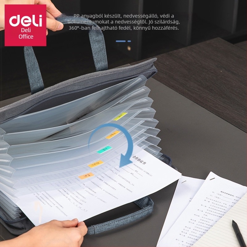 Deli 72560 Vászon harmonika táska, nagy kapacitású A4 dokumentumok tárolására, több rekesz, üzleti kézitáska