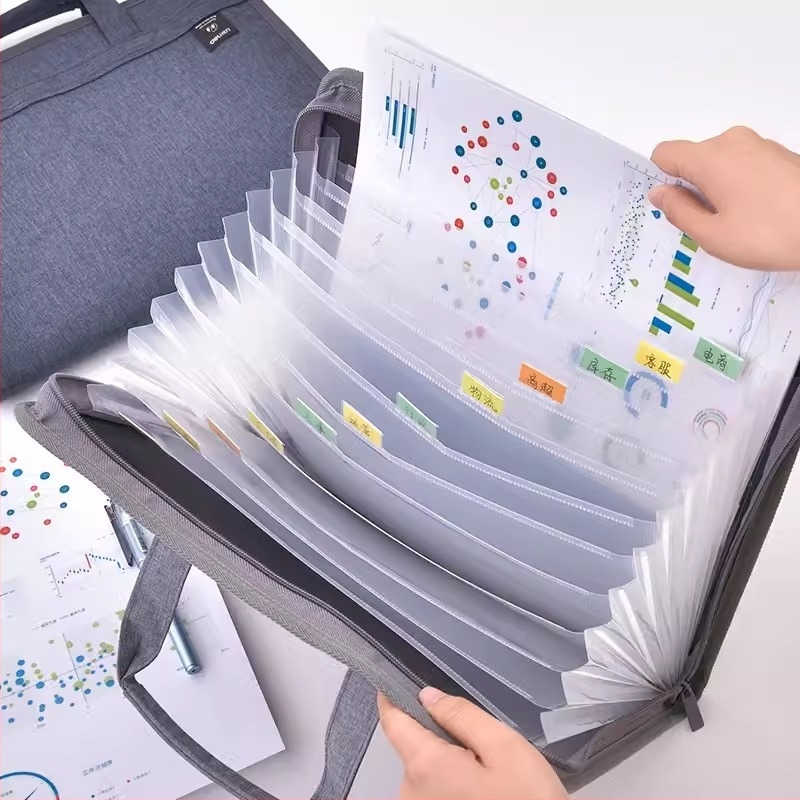 Deli 72560 Vászon harmonika táska, nagy kapacitású A4 dokumentumok tárolására, több rekesz, üzleti kézitáska