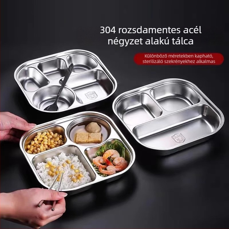 Rozsdamentes acél ebédtál három rekesszel és fedővel, 304 élelmiszer-minőségű, felnőtteknek és diákoknak