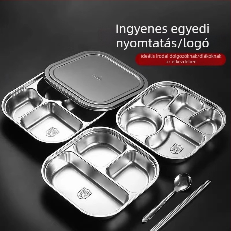 Rozsdamentes acél ebédtál három rekesszel és fedővel, 304 élelmiszer-minőségű, felnőtteknek és diákoknak